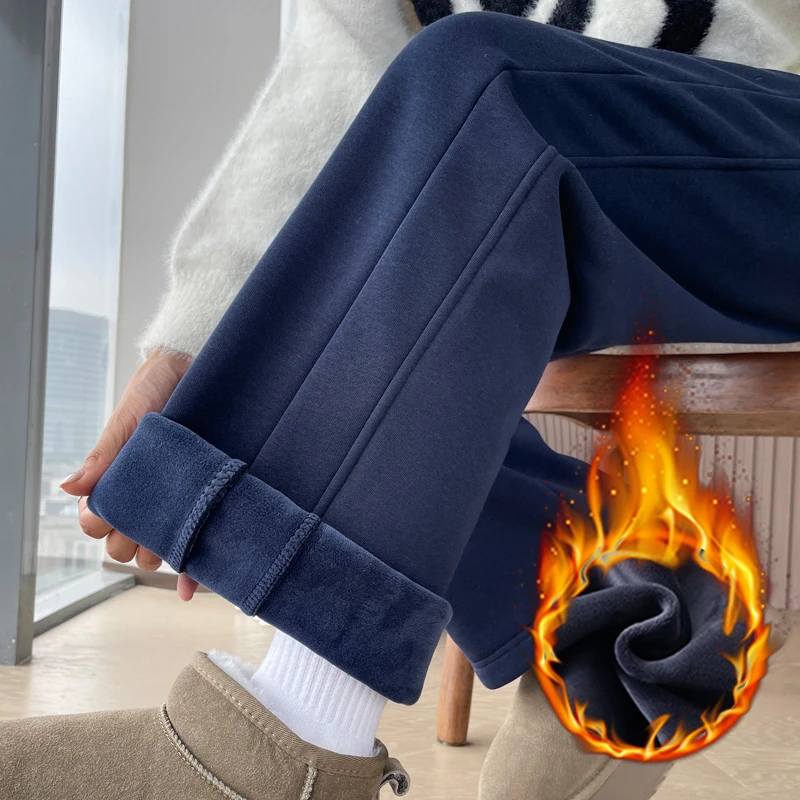 藏青色窄版阔腿裤女春秋冬直筒香蕉弯刀运动裤冬天加绒休闲卫裤子