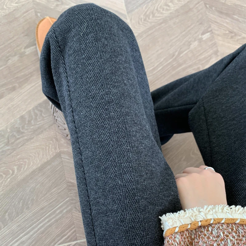 人字纹阔腿裤女款秋冬加绒加厚高腰窄版直筒小个子糯米毛呢休闲裤