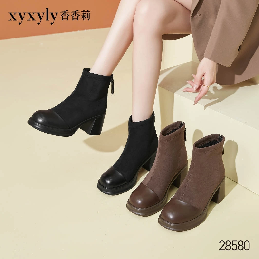 香香莉28580短筒加绒高跟粗跟时尚磨砂拼色磨砂女棉靴子2024冬