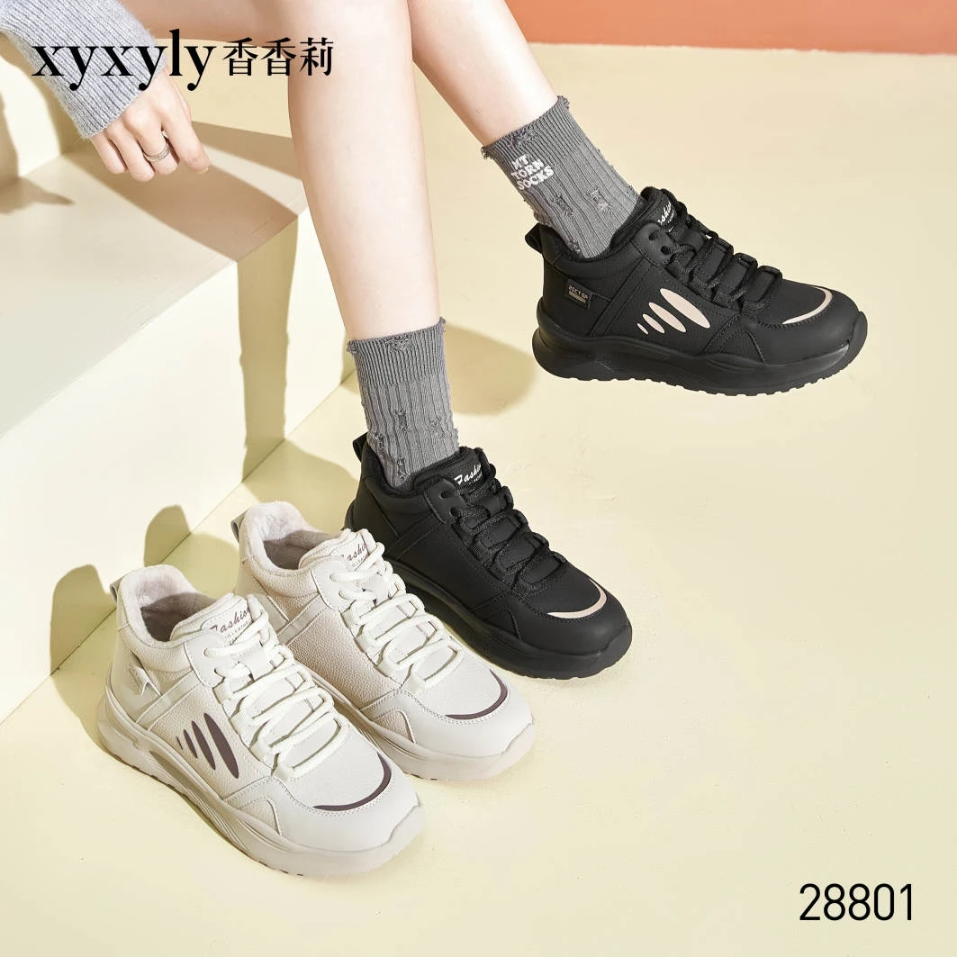 香香莉28801轻便休闲鞋系带圆头青年加绒百搭跑步运动鞋2024冬
