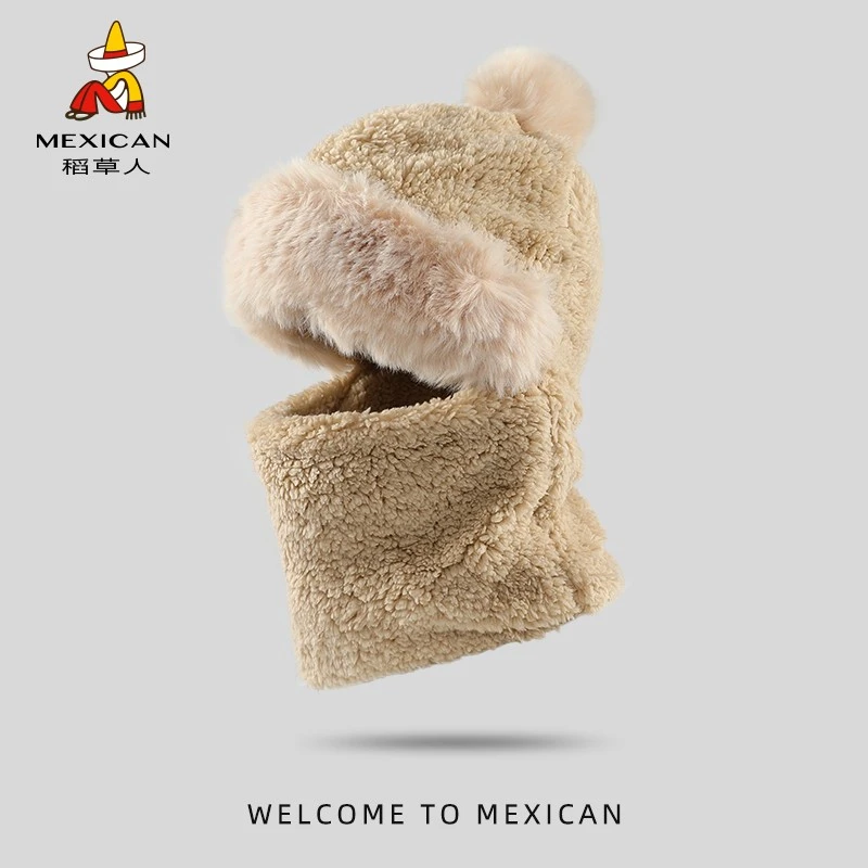 稻草人帽子女秋冬保暖加绒加厚围脖一体帽户高级外洋气护耳面罩