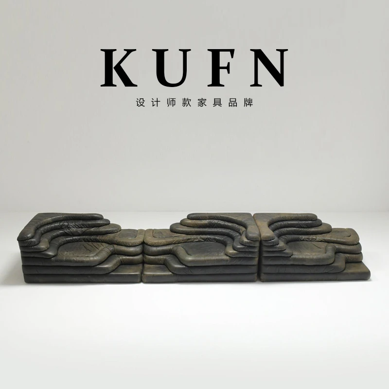 KUFN/库凡梯田异形沙发意式轻奢中古风复古真皮沙发