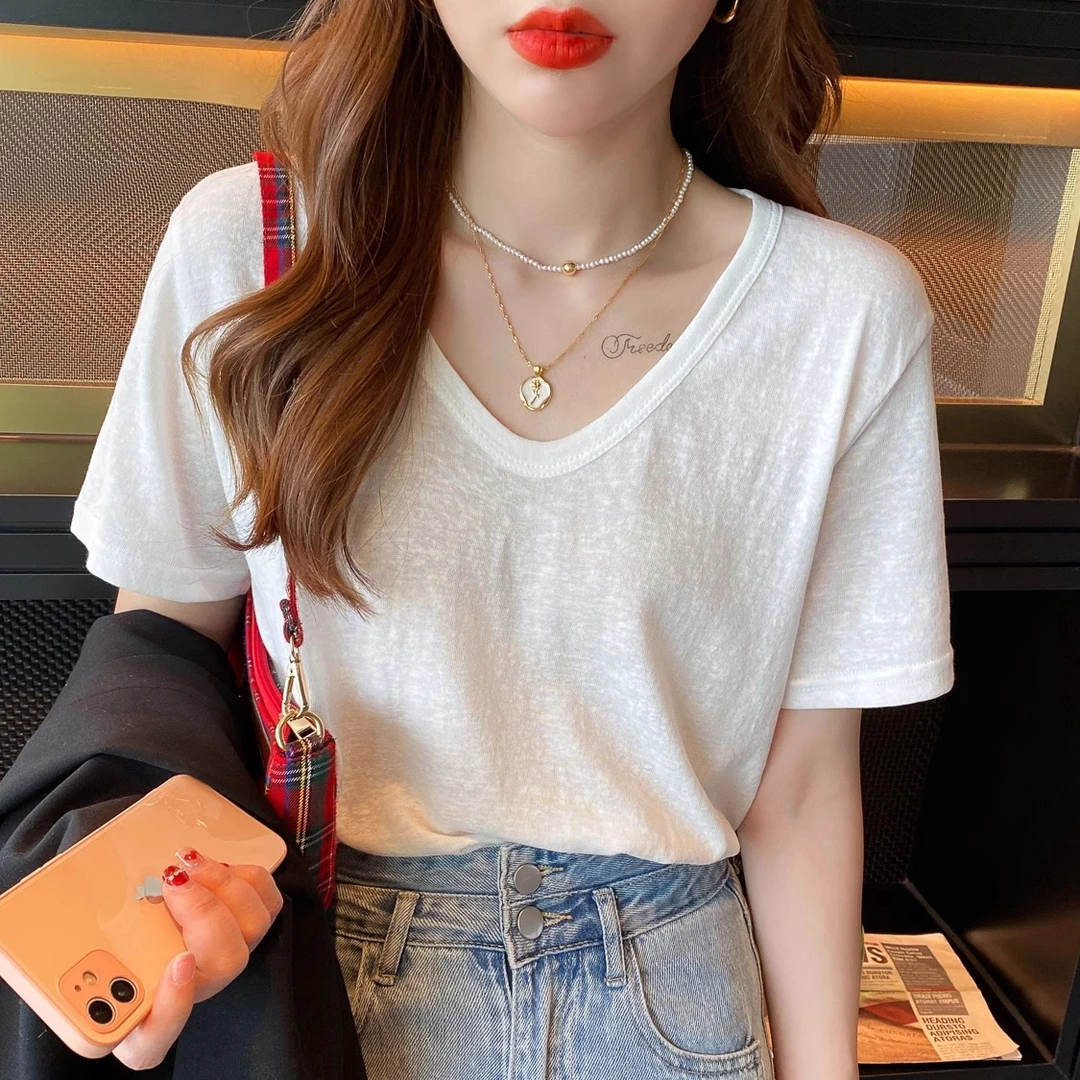 v领t恤女短袖夏季2025年新款棉麻宽松设计感小众白色冰丝上衣正肩