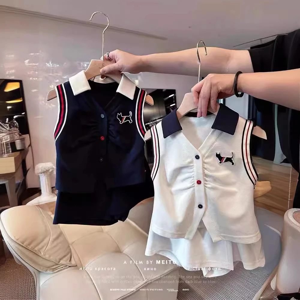 圆子家 女童JK制服套装新款儿童学院风夏装女孩POLO衫裙裤两件套