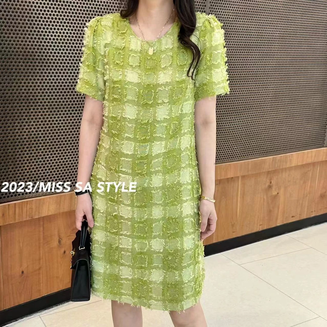 【MISS SA定制】夏季时尚气质格子圆领设计超显瘦连衣裙 23059105
