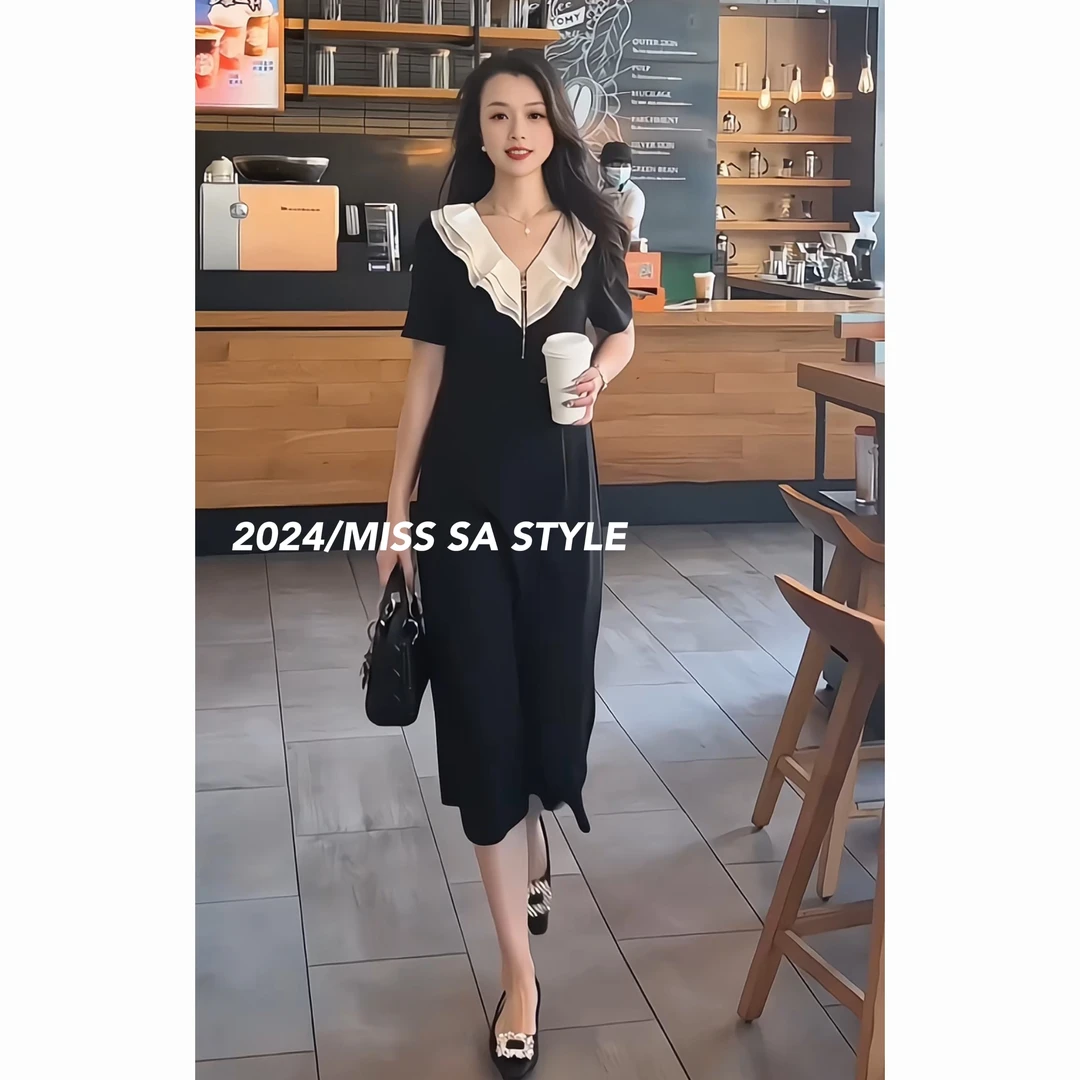 MISS SA  夏季新款时尚轻奢气质法式修身荷叶领连衣裙24069112