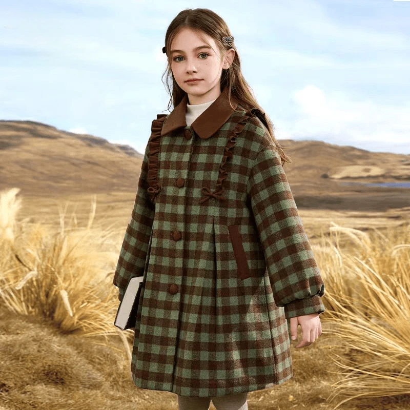 女童冬装外套2025洋气儿童中大童韩版秋冬夹棉宝宝加厚格子毛呢