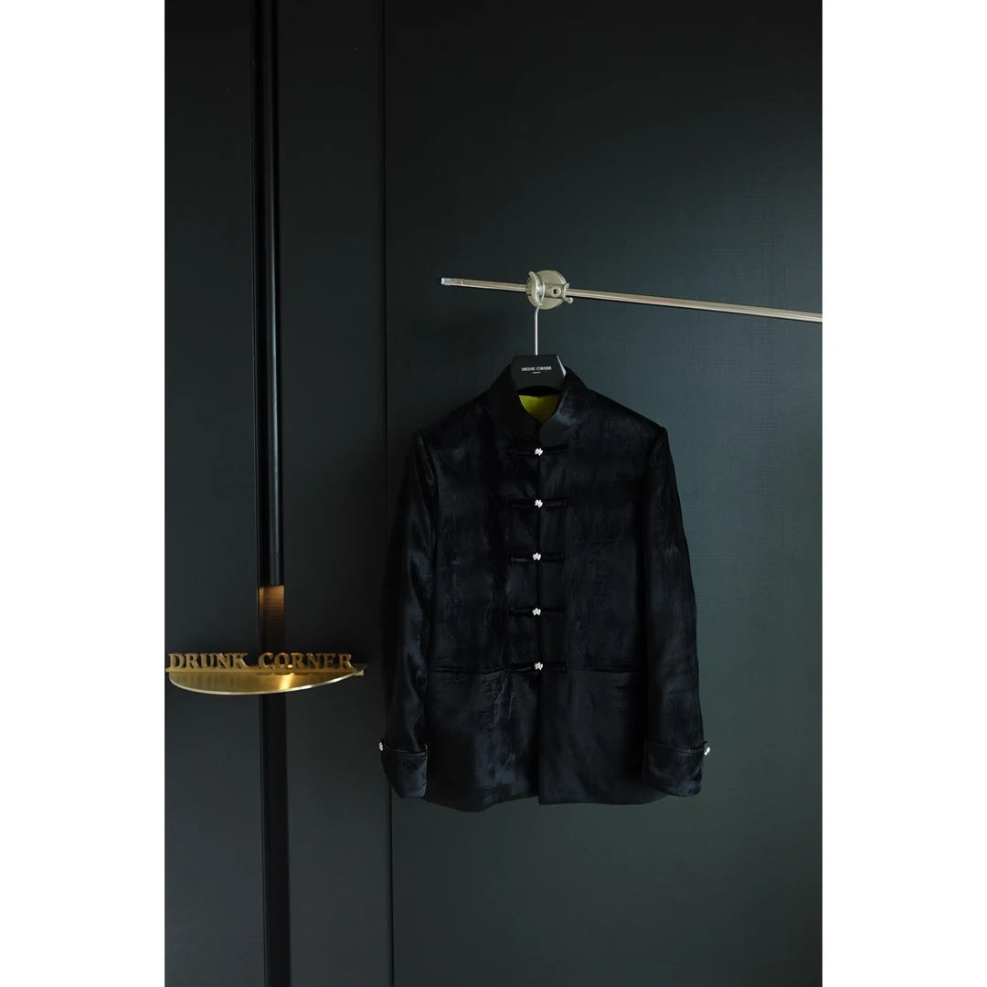 DRUNKCORNER 中式立领曲线纹单上衣丝绒银色盘扣西服中国风复古