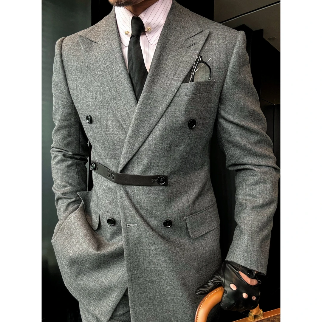 DRUNKCORNER枪驳领双排扣灰色条纹西服单上衣#9996修身长袖羊毛