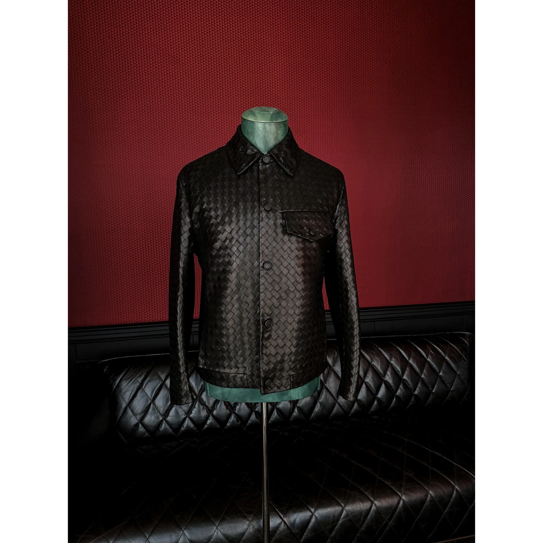 DRUNKCORNER 手工编织翻领皮夹克真皮帅气春秋休闲黑色短款