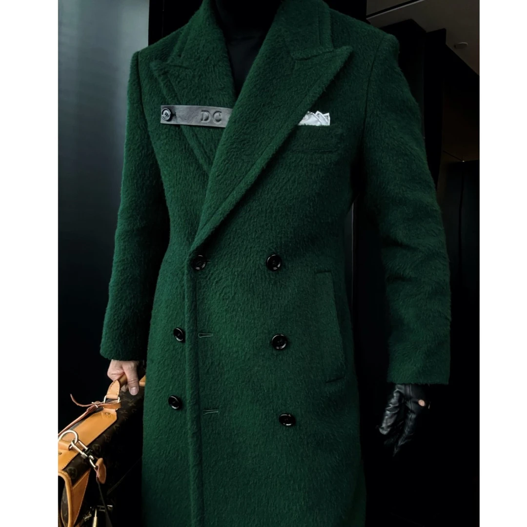 DRUNKCORNER 【十周年限定】微阔枪驳领双排扣胸前皮畔大衣中长款