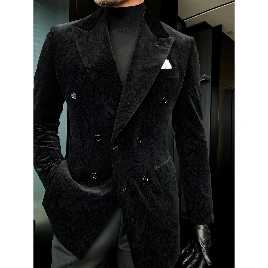 DRUNKCORNER | 黑标系列 |双排戗驳领黑色丝绒暗花单西服质感秋冬