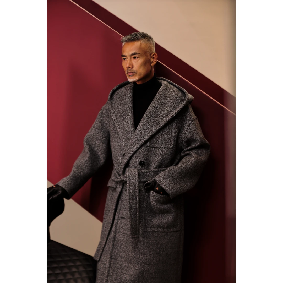 DRUNKCORNER连帽阔版大衣雪花灰男士宽松呢子男外套