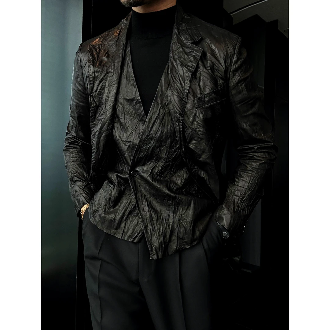 DRUNKCORNER 双排褶皱皮马甲松弛感真皮纯色男士修身型