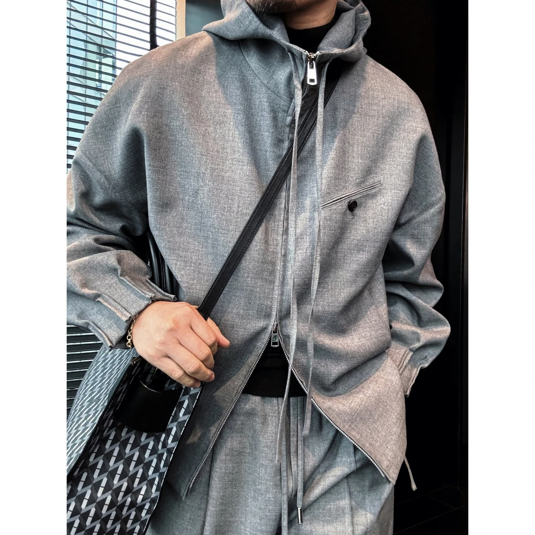 DRUNKCORNER 春季精裁拉链式抽绳连帽夹克灰色时尚套装