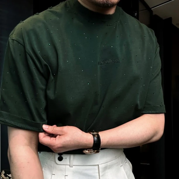 DRUNKCORNER满天星水洗破边阔版短袖百搭圆领春夏休闲男士宽松