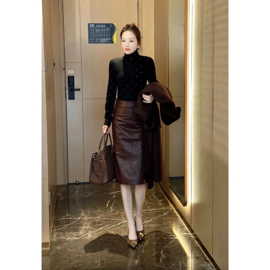 【ZQHK】子琪品牌2024新款气质修身时尚绵羊皮半身裙