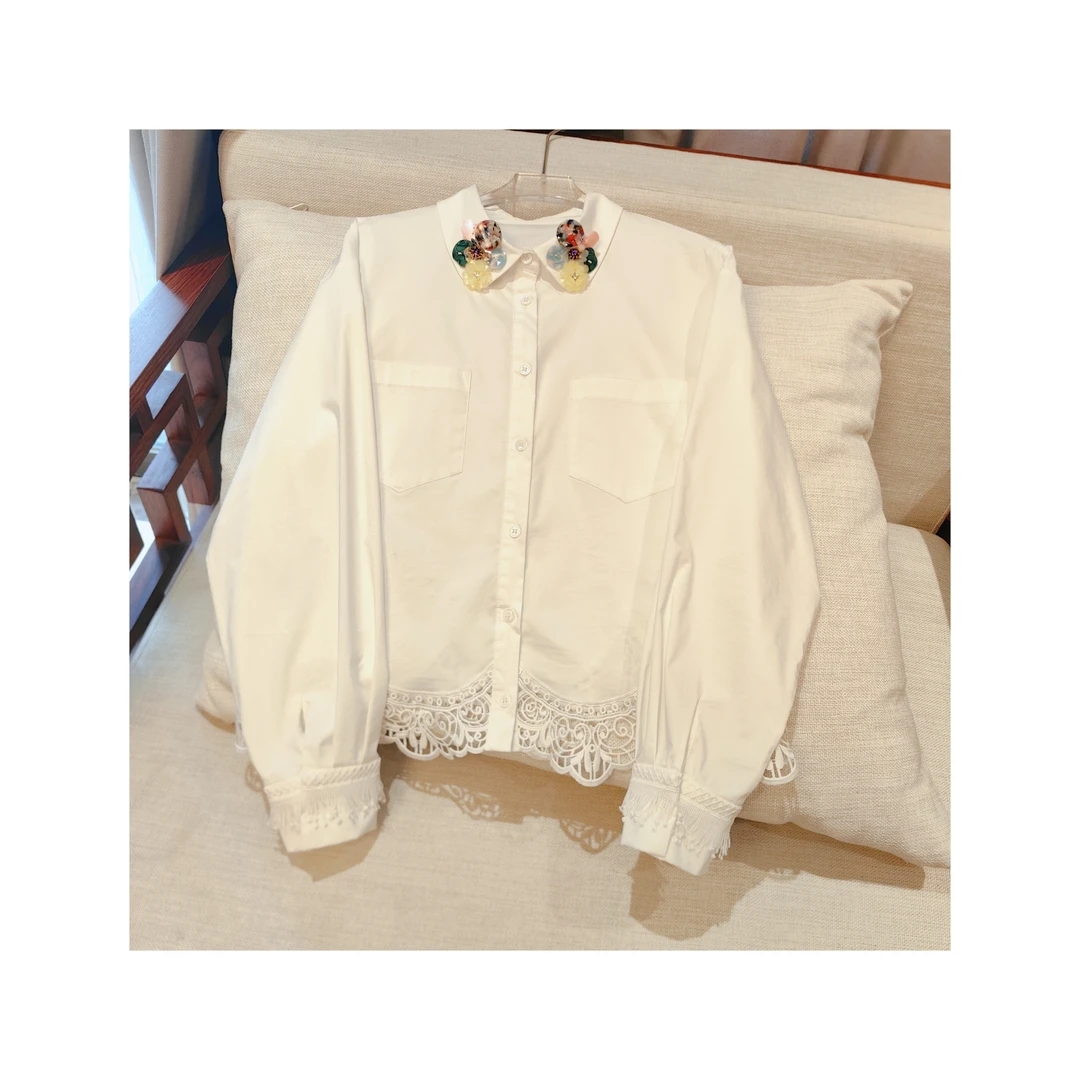 24357359【云朵拥抱】重工钉珠拼接蕾丝精致优雅气质上衣衬衣