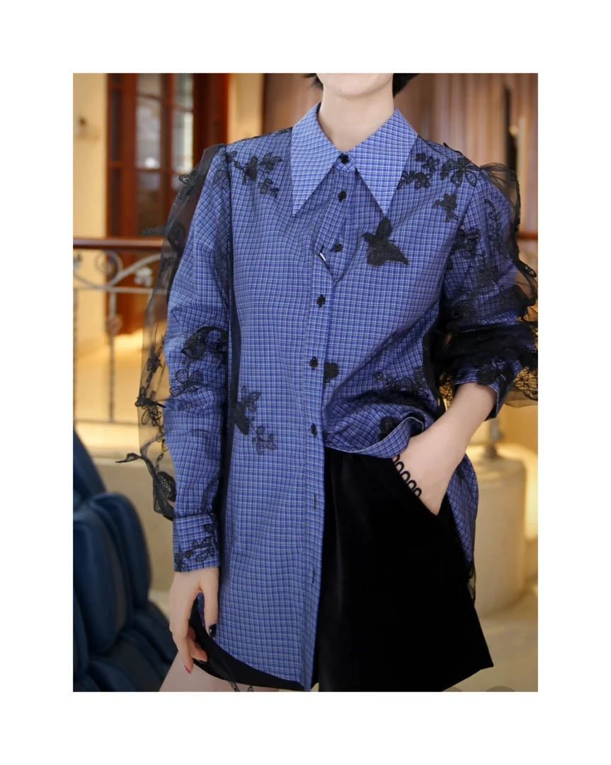 24361018【深海奇缘】精致优雅网纱拼接衬衫上衣