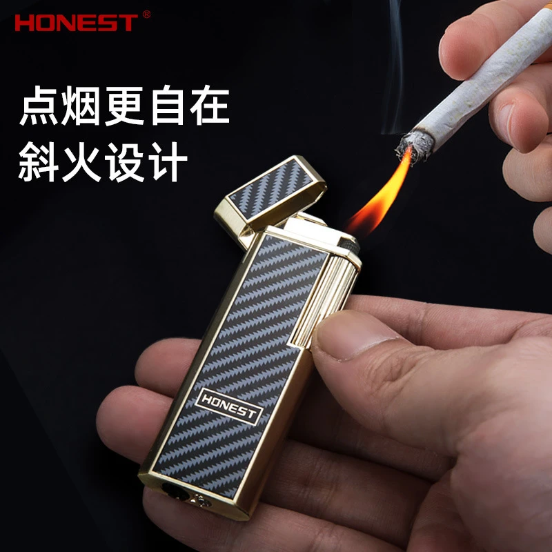 百诚金轮1号超薄斜火充气打火机男士创意打火机个性便携点火经典