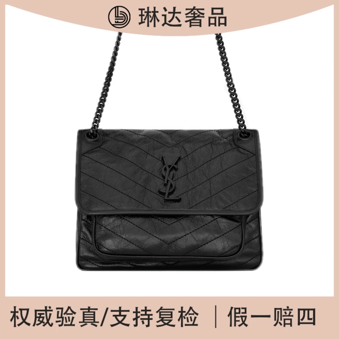 99新 YSL/圣罗兰 经典时尚黑色中号niki翻盖链条手提单肩斜挎包