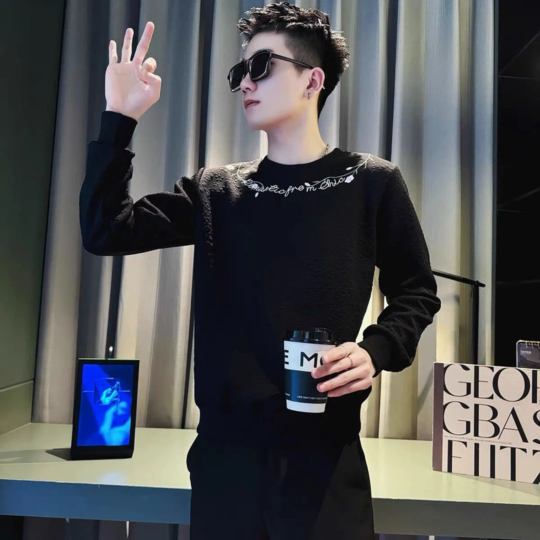 圆领无帽卫衣男春秋季潮牌痞帅长袖t恤上衣高级感休闲男装打底衫