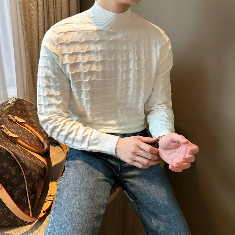 轻熟风男装秋冬季简约纽花半高领毛衣男士中领针织打底衫上衣外套