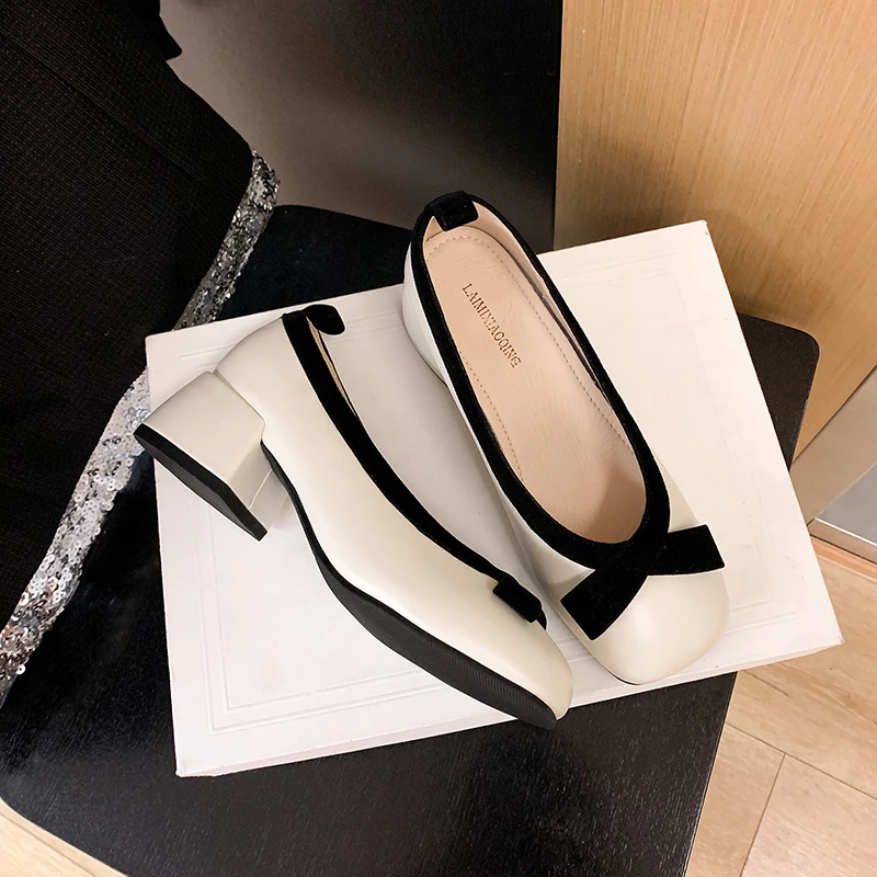 小香风方跟鞋玛丽珍女鞋浅口粗跟高跟鞋方头单鞋加宽加肥大码女鞋