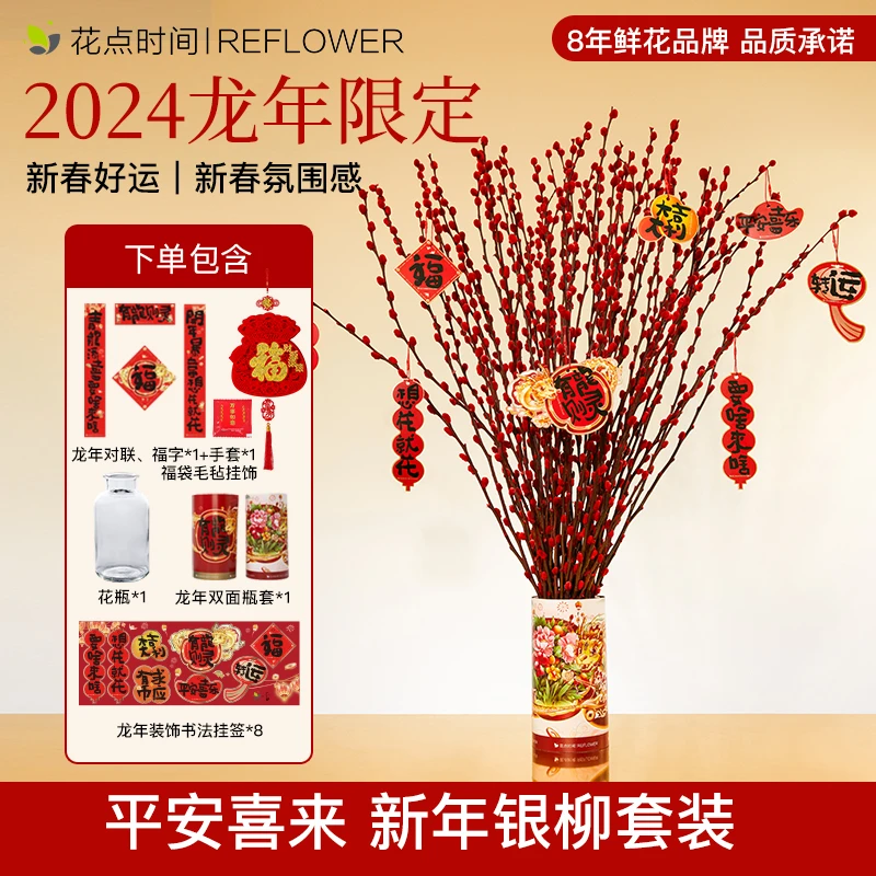 【花点时间】年宵花80cm高挑银柳鲜切枝50枝带花瓶龙年瓶套染色饱满