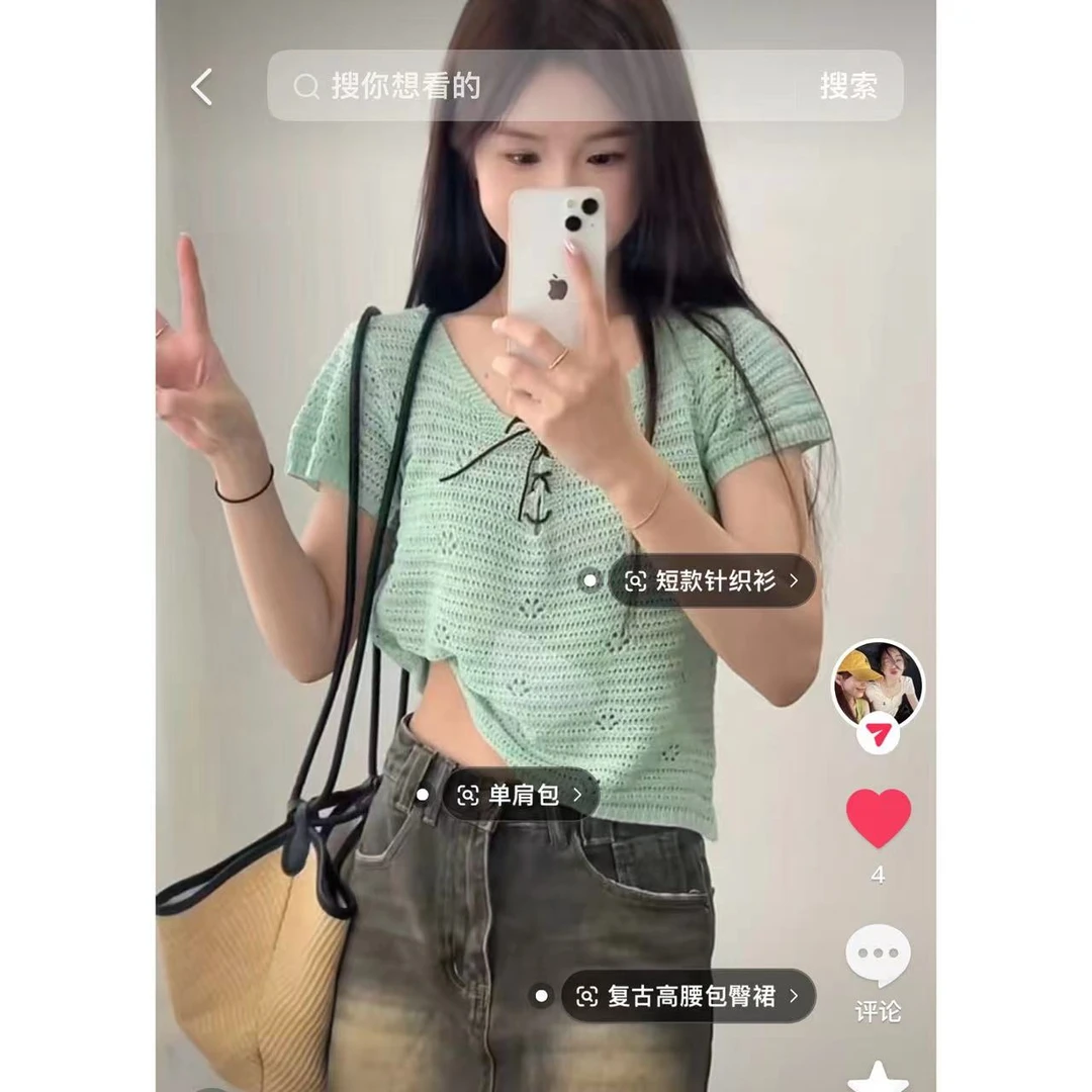 【青青推荐】洋气绑带镂空复古显瘦百搭针织上衣女ins#30315