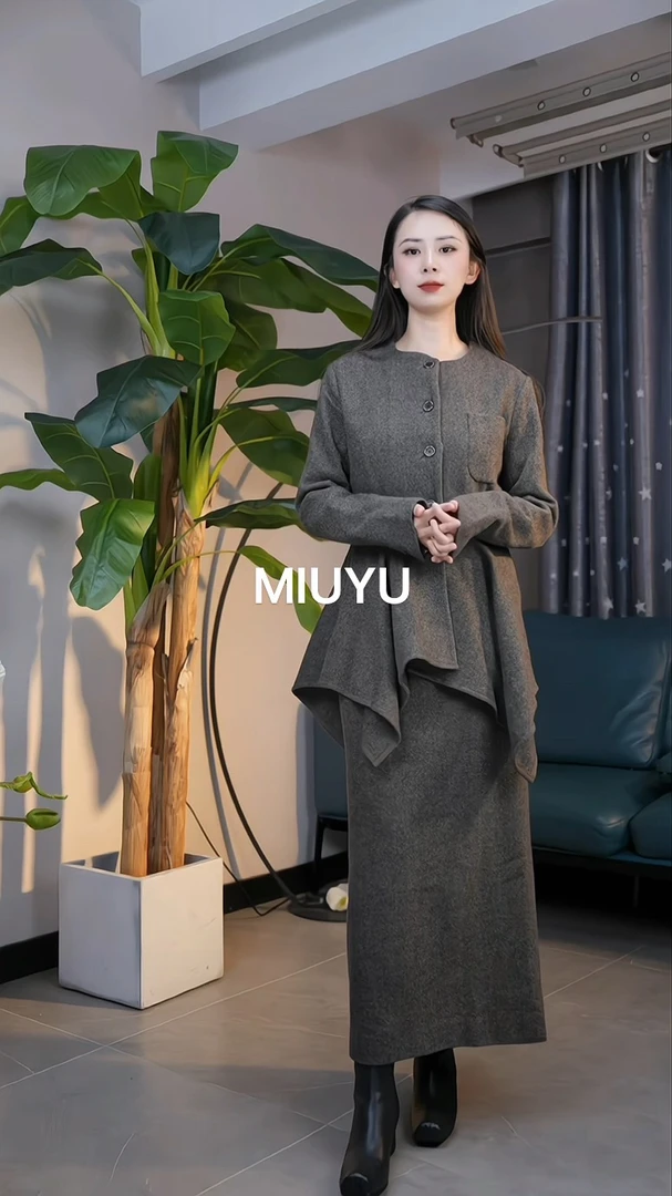 24年新款羊毛人字纹套装长袖外套半身裙