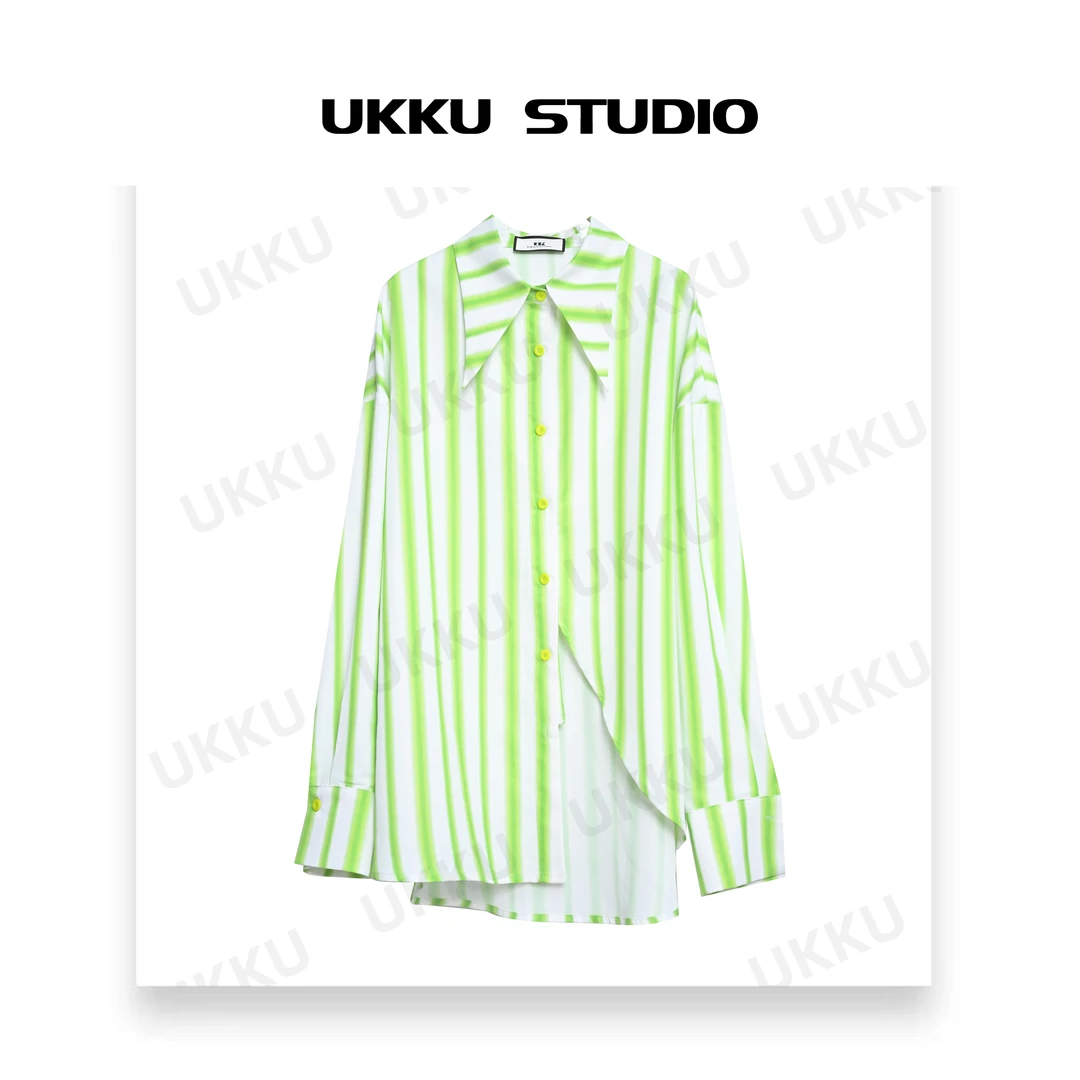编号53【UKKU STUDIO】小众设计感绿色袖条纹衬衫轻奢潮上衣211698