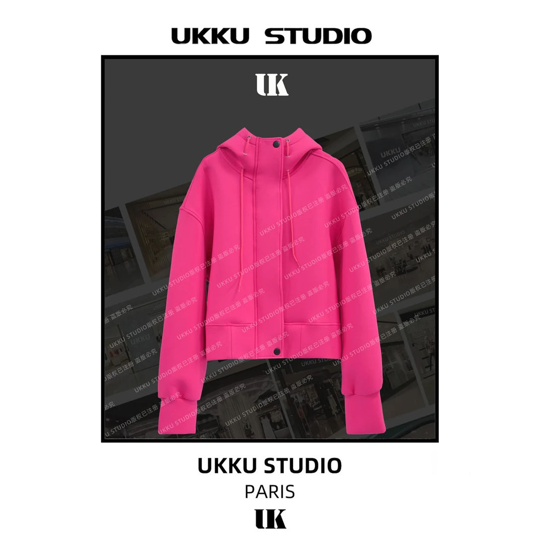 【UKKUSTUDIO】秋季时尚气质感穿搭显白舒适拉链连帽卫衣512966