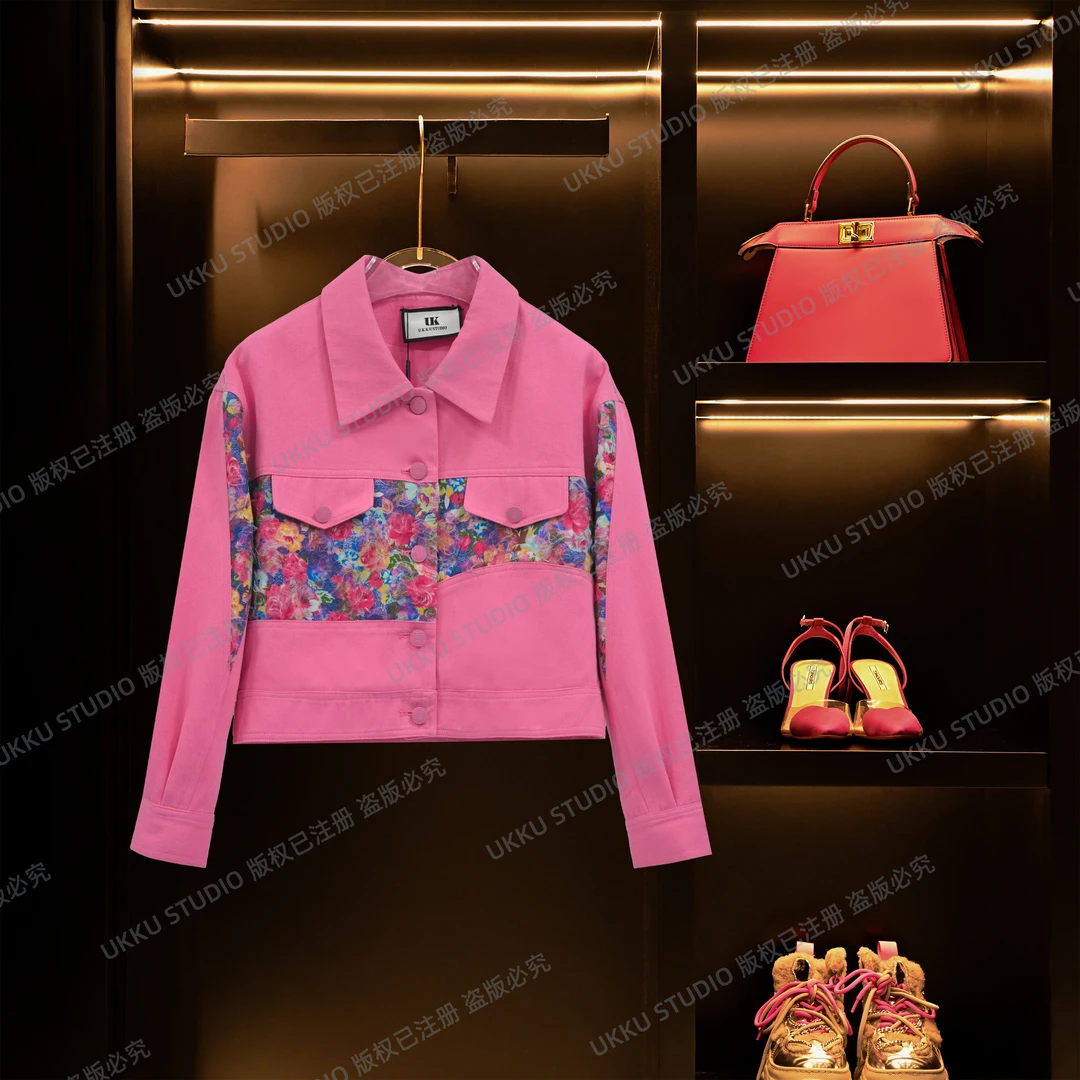 【UKKU STUDIO】小众设计感粉色扣袖衬衫轻奢潮衬衫牛仔上衣812704