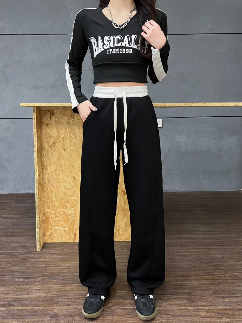 【冬款加绒】958-1款撞色腰头加绒香蕉库高腰百搭宽松 窄版阔腿裤