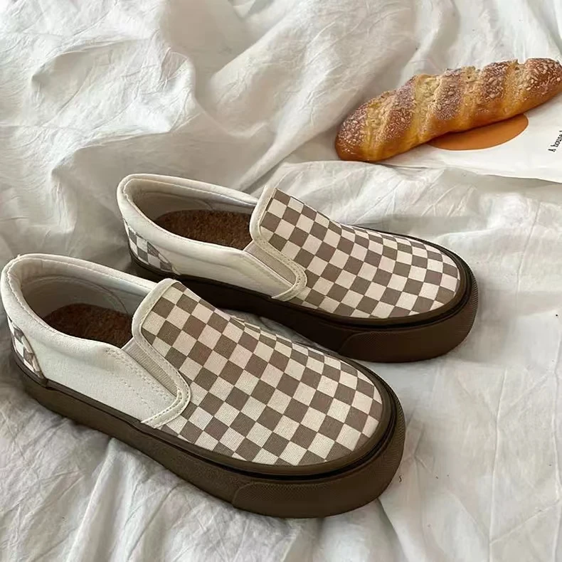 003焦糖色格子帆布鞋女2024夏季厚底韩版百搭INS一脚蹬懒人鞋