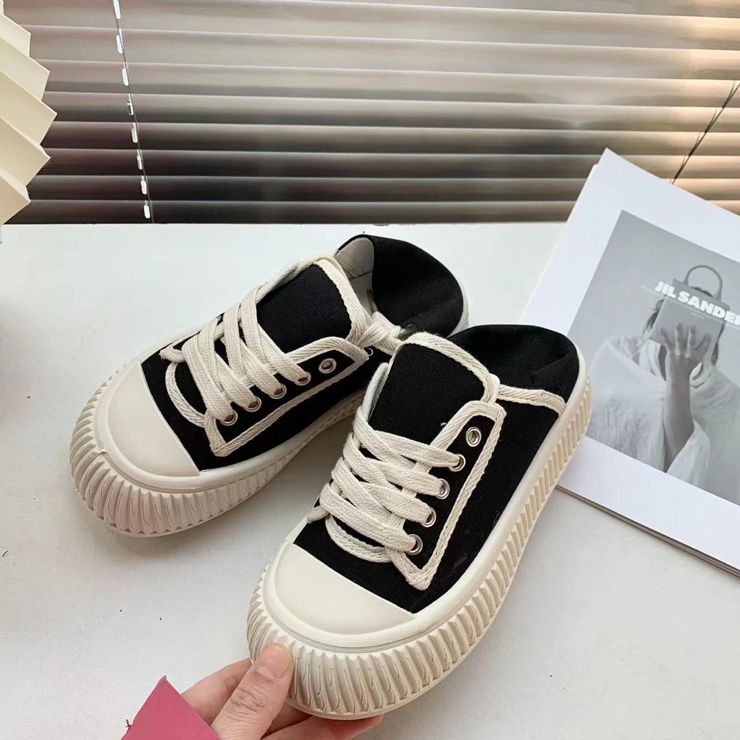 黑色丑萌小香风饼干踩脚两穿帆布鞋网红887