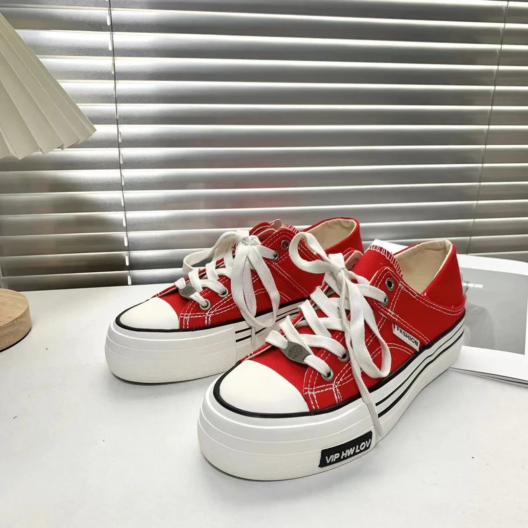 酷辣解锁厚底可两穿红色经典ins硫化圆头小众帆布鞋休闲韩版2202