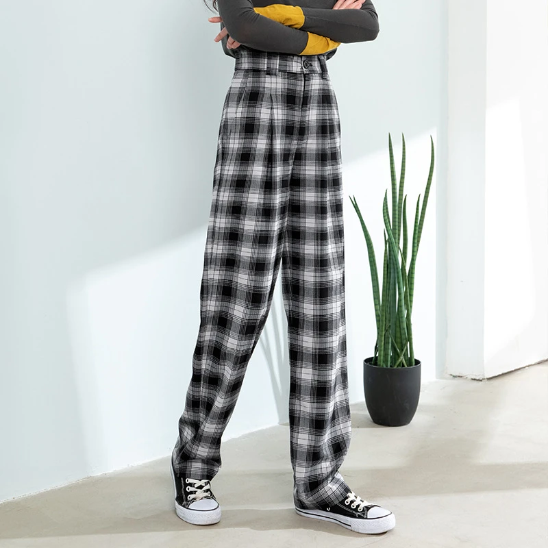 新品弹力女格子裤高腰显瘦黑白格子裤女chic堆堆裤女欧美西装裤女