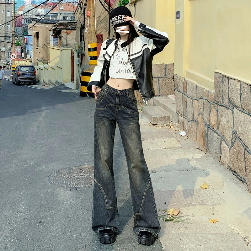 美式复古微喇牛仔裤女2024秋冬新款加绒宽松喇叭高腰阔腿拖地裤子