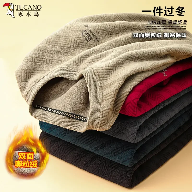 啄木鸟高档男士加绒加厚卫衣2024冬季新款休闲百搭保暖一体绒上衣