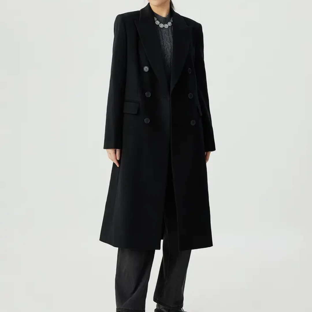 AMS-绵羊毛兔毛双排扣黑色中长直身款大衣宽松外套秋冬5400810