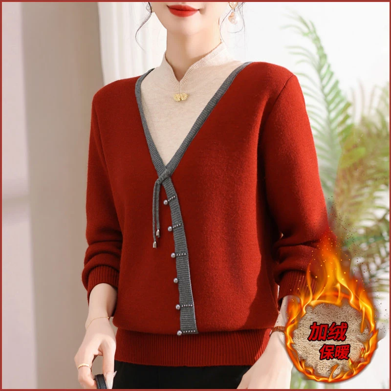 新中式针织衫加绒毛衣秋冬季时尚妈妈装一体绒加厚保暖女士打底衫