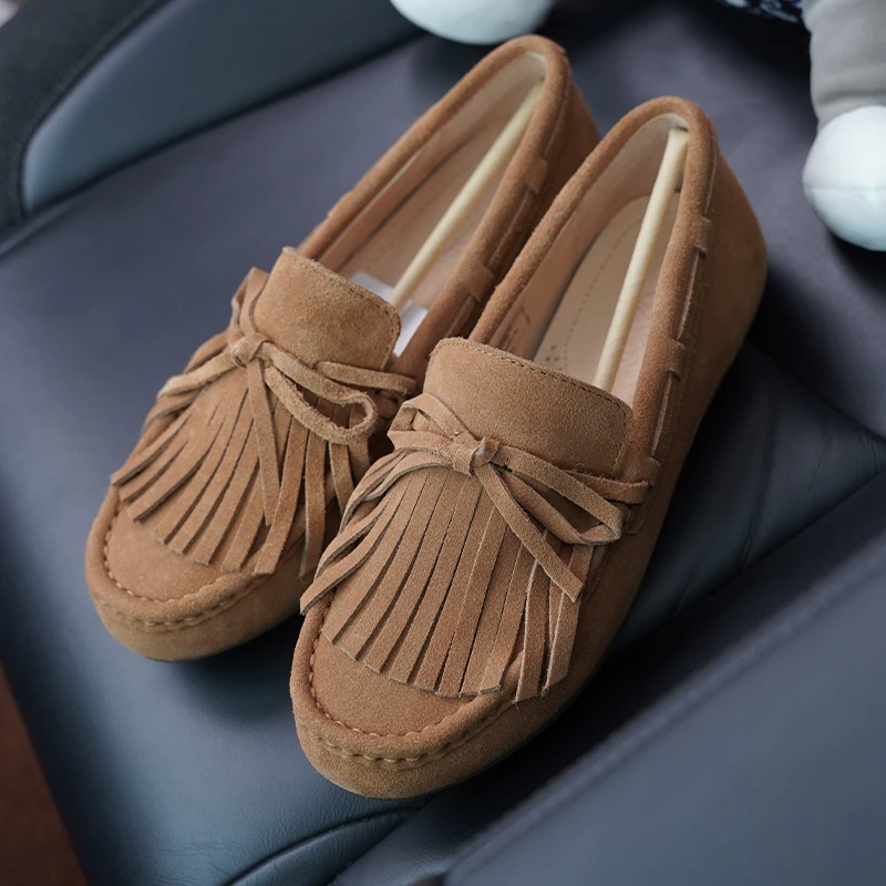 OZZEG澳泽格流苏真皮豆豆鞋女2024春秋新款软底时尚百搭单鞋2FC05