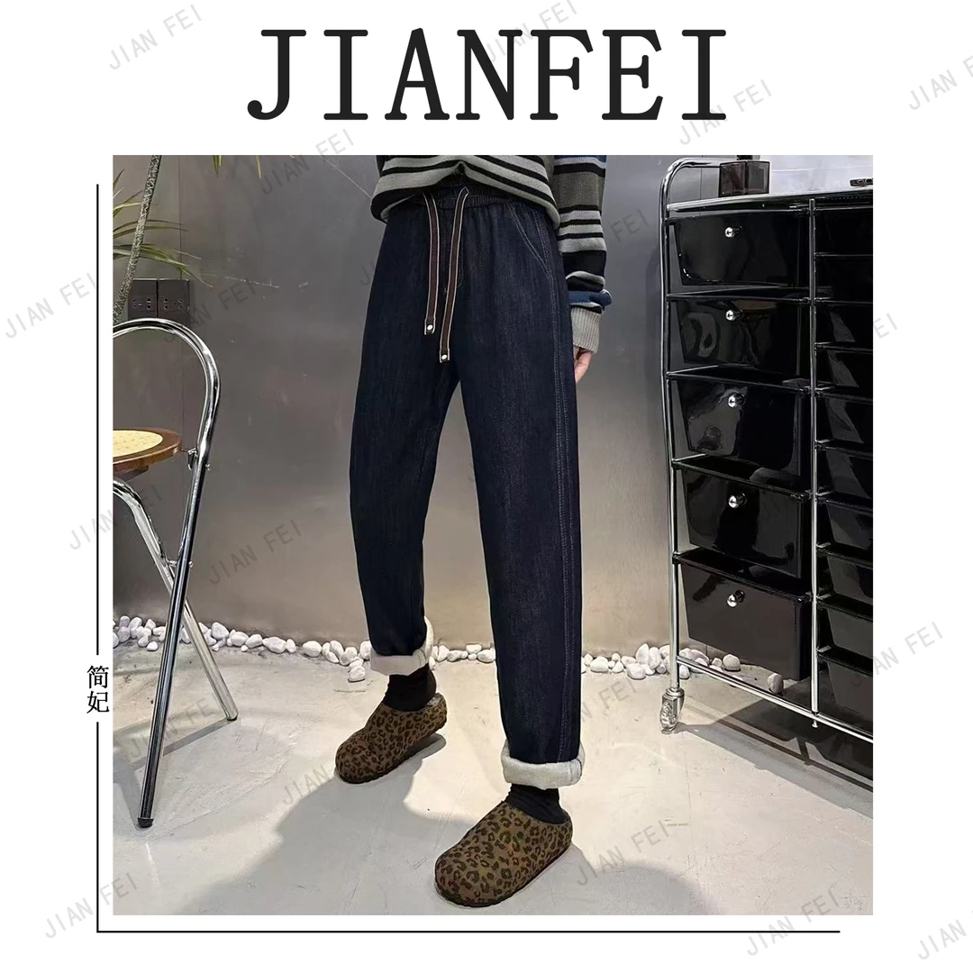 JIANFEI/简妃A8862  女士加绒系带牛仔裤休闲裤复古时尚秋冬水洗