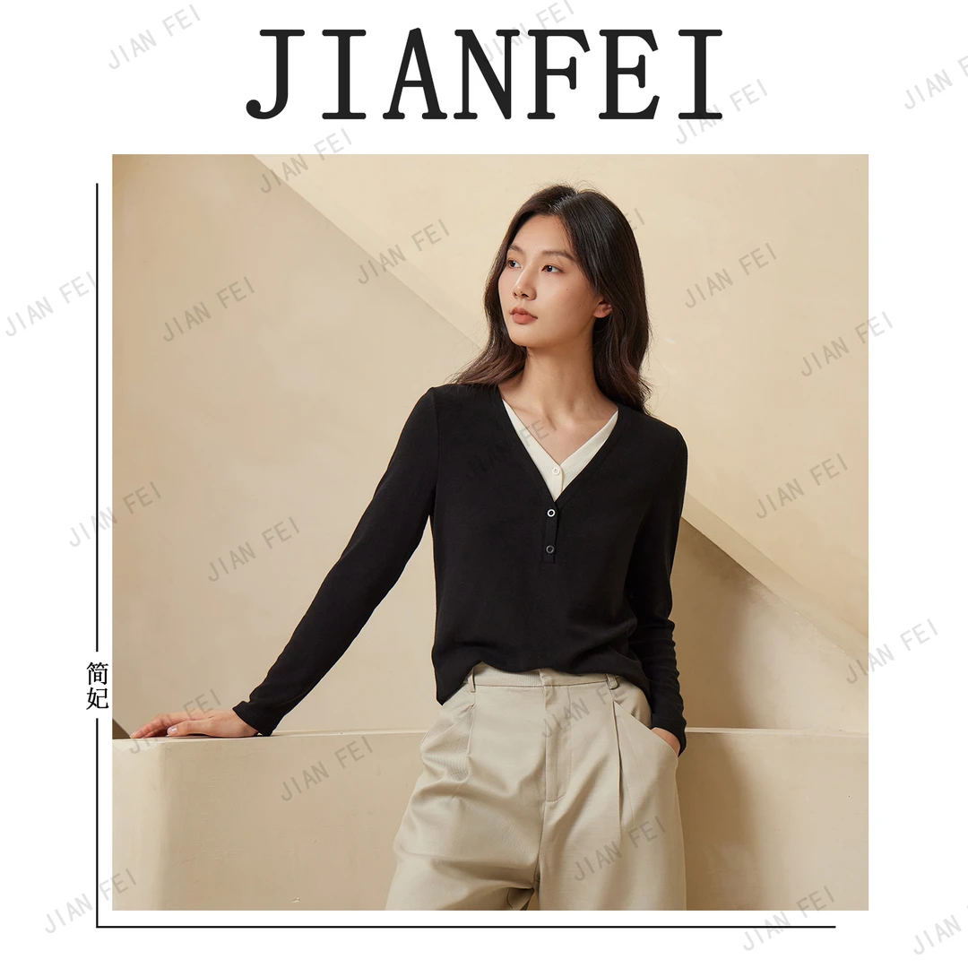 JIANFEI/简妃10V666 女士打底衫V领假两件百搭休闲时尚长袖针织衫