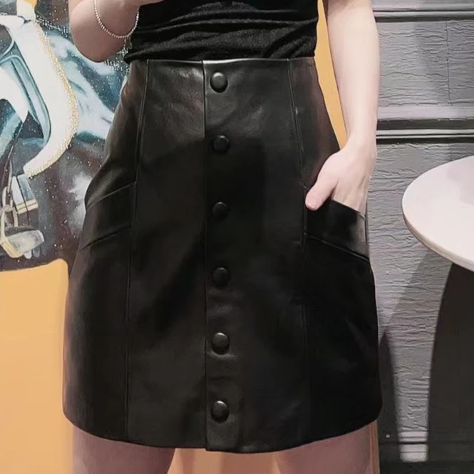 JIANFEI/简妃YYL2120 六颗扣女士皮裙 皮裤真皮 半身裙半裙黑色