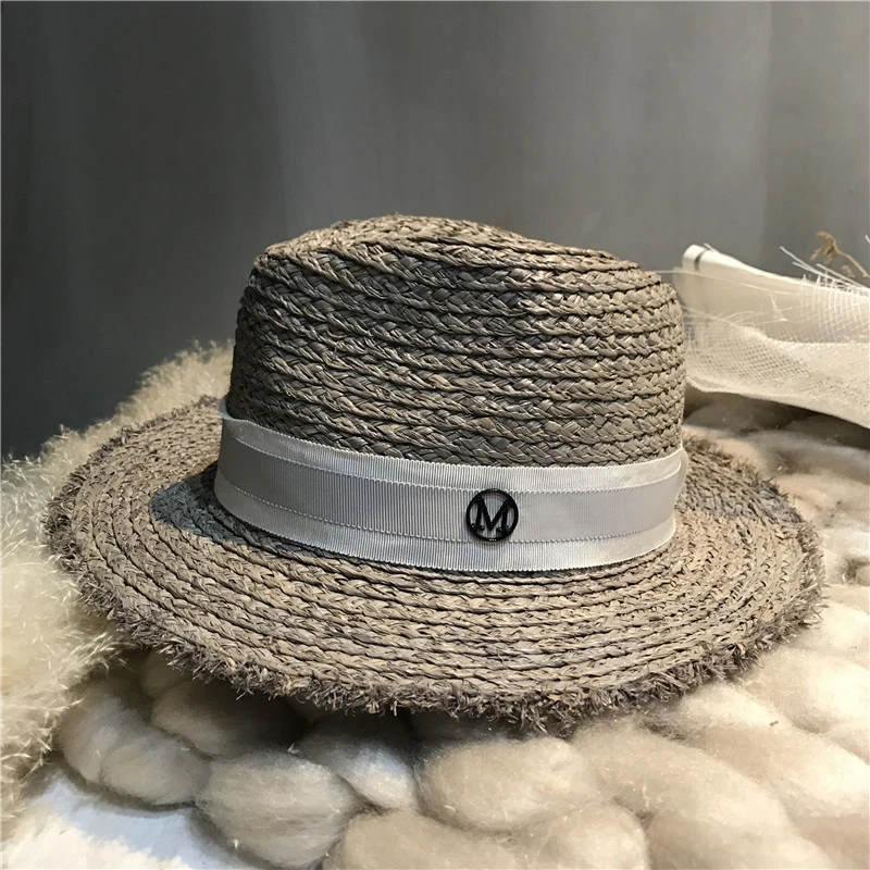 灰色m帽夏天沙滩帽拉菲草帽子遮阳帽M帽凉帽女遮阳帽防晒帽沙滩帽