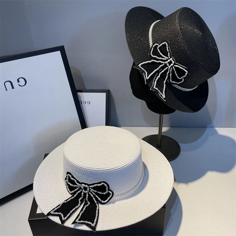 赫本风平顶帽女法式复古透气遮阳帽蝴蝶结草帽遮阳防晒显脸小度假