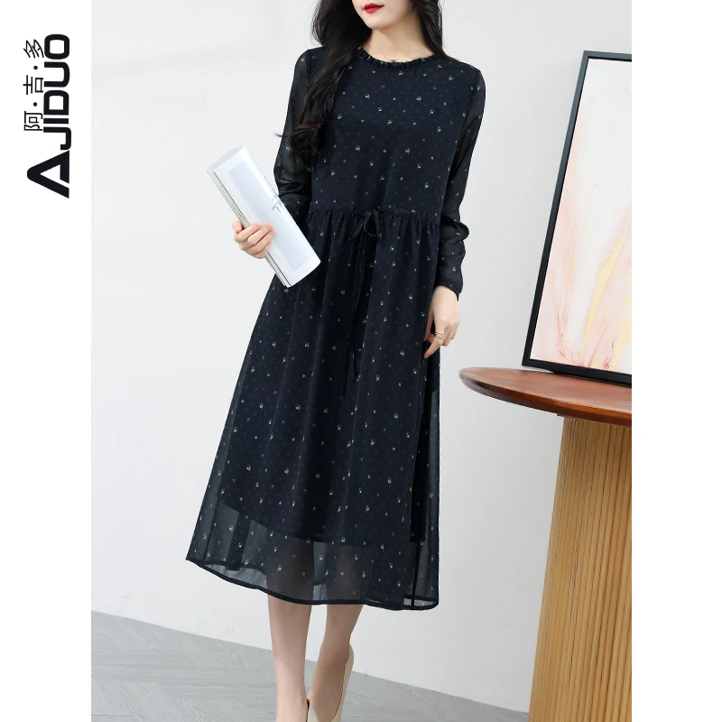 阿吉多长袖连衣裙2024新款女春秋气质木耳领时尚长裙高级收腰裙子